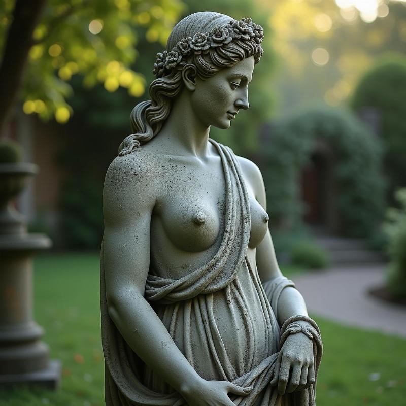 Tượng nữ thần Athena đá trong khu vườn yên bình, rêu phong cổ kính